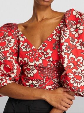 RHODE  Red and White Floral Puff-Sleeve Wrap Blouse - Harrods M